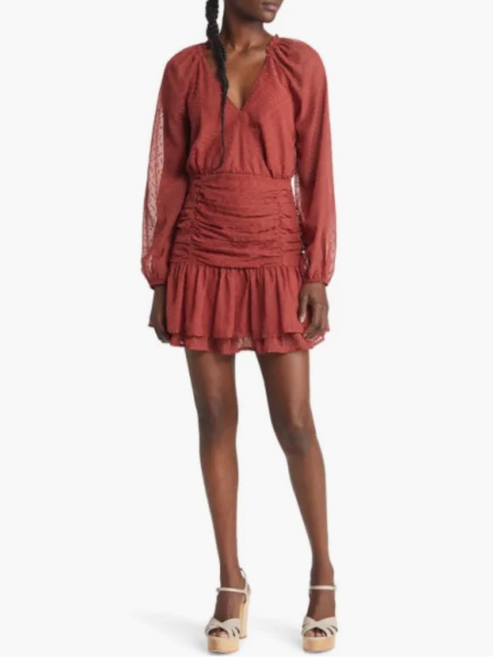 FLORET STUDIOS Swiss Dot Ruched Long Sleeve Mini Dress in Marsala Rust NEW